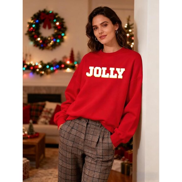 Women Christmas Sweatshirt Glitter Patch Letter Embroidered Striped Pullover - Picture 8 of 9